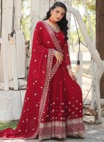 Faux Georgette Maroon Wedding Wear Embroidery Work Readymade Gown With Dupatta